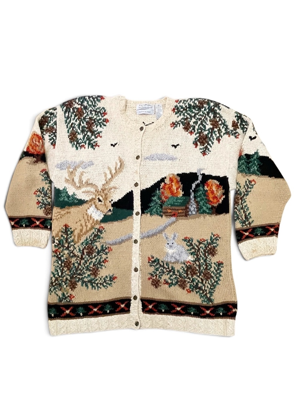 Vintage Northern Isles Hand Knit Cardigan 2X Woodland Deer Owl Novelty Sweater - Picture 2 of 16